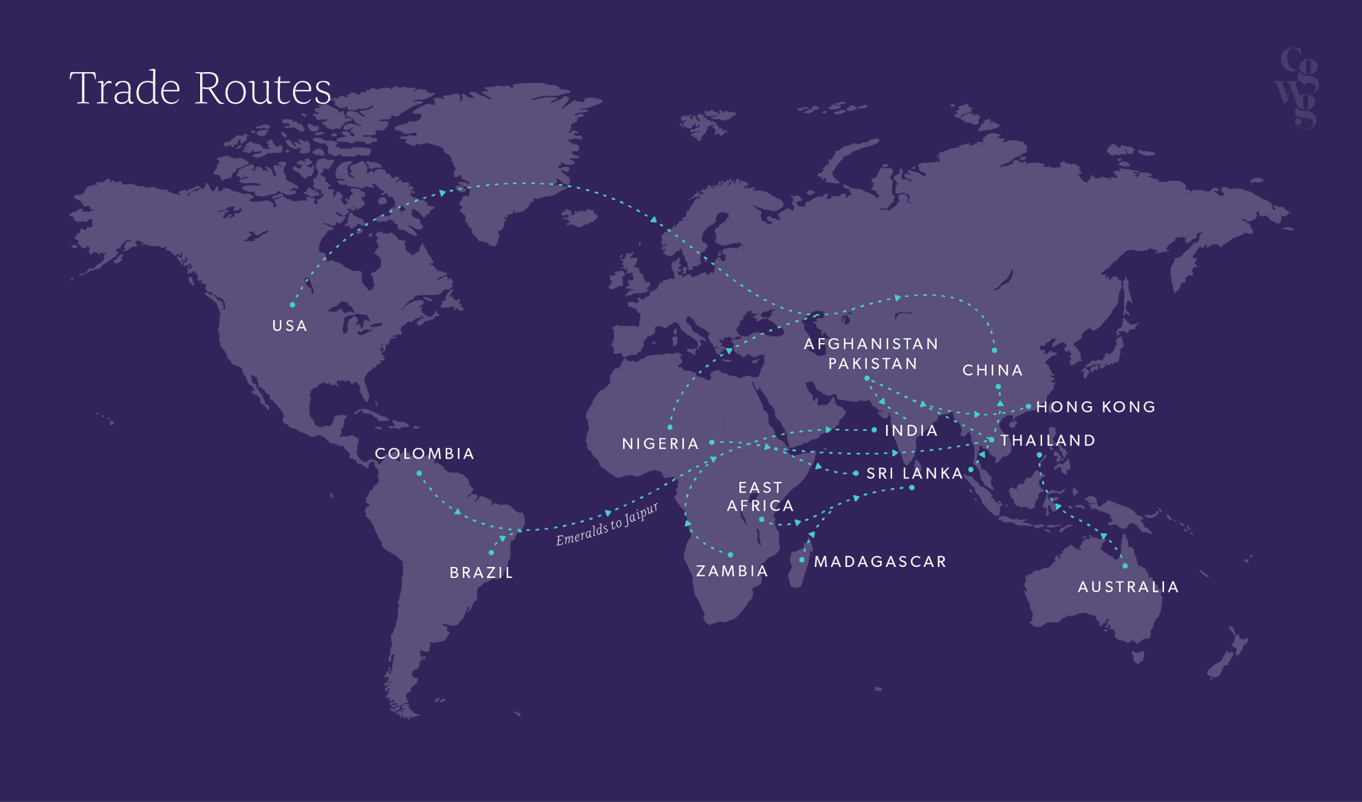 A map of some of the principal global coloured gemstone trading routes worldwide